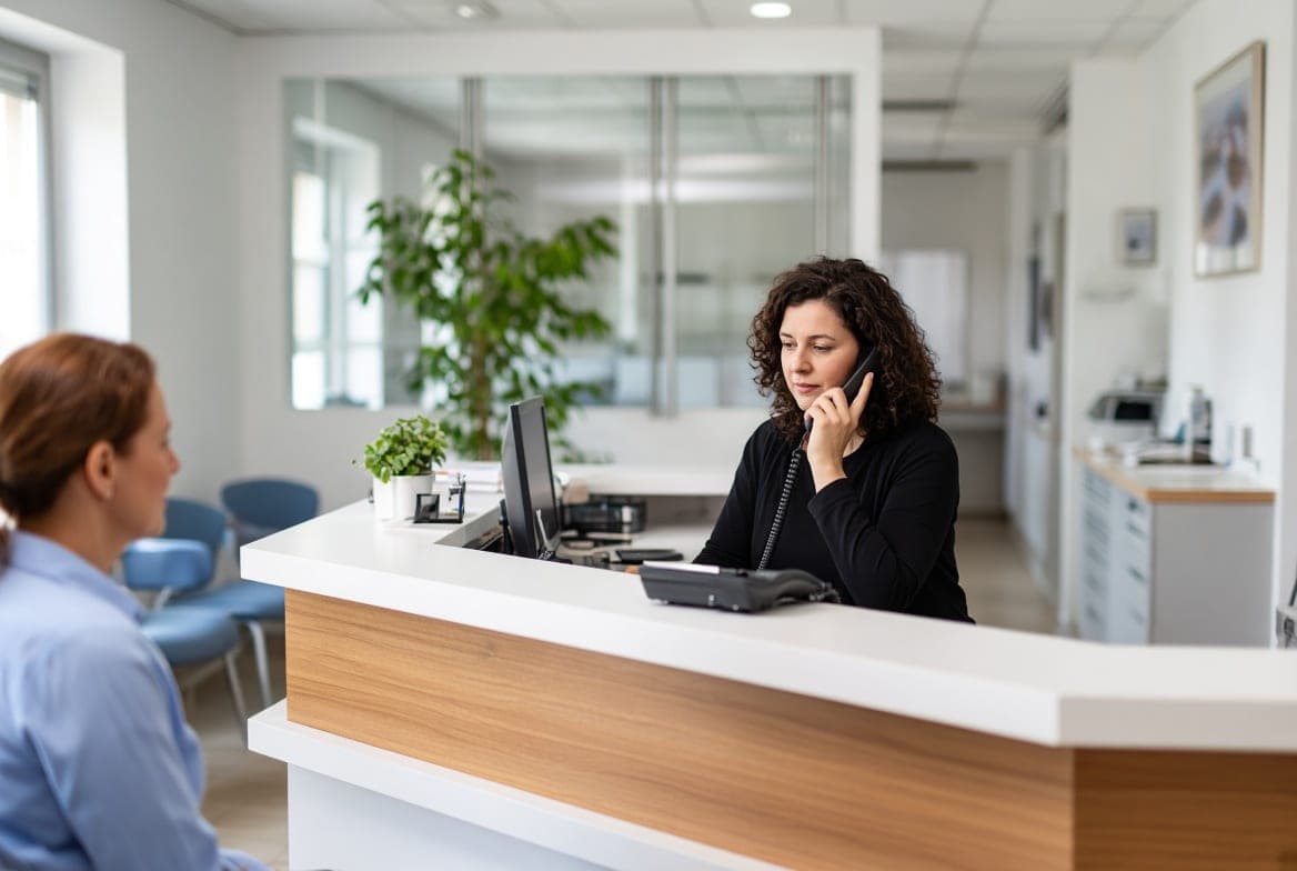 The front desk of a dental practice with the phone ringing and nobody free to answer it