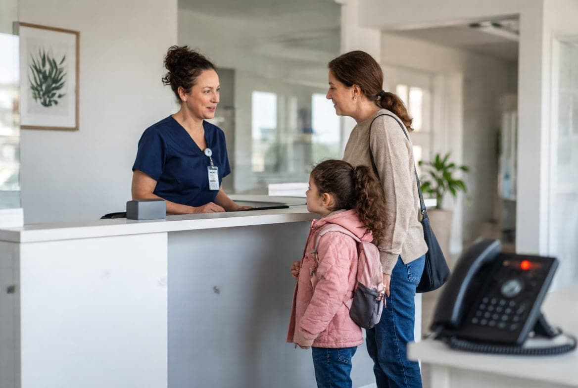 The front desk of a doctor's office with the phone ringing and nobody free to answer it