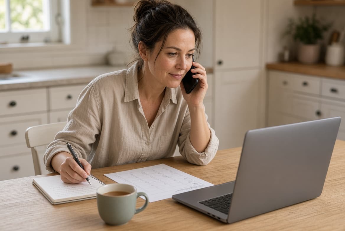 A business owner on the phone, taking call notes by hand