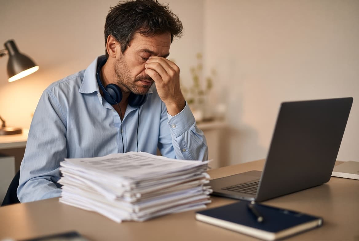 A founder tired at his desk behind a stack of call notes