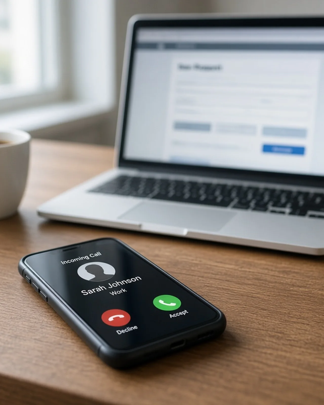 A phone displaying an incoming call beside a laptop with a lead form open