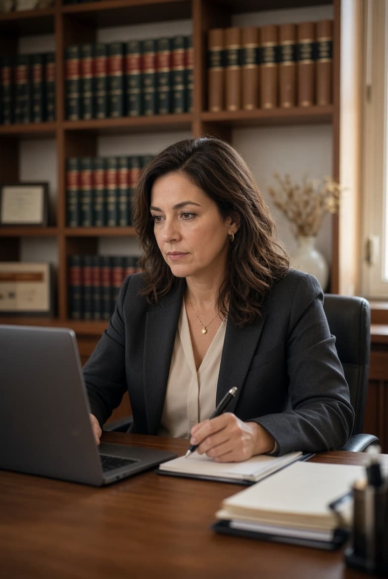 A lawyer at a laptop in a small office late in the day