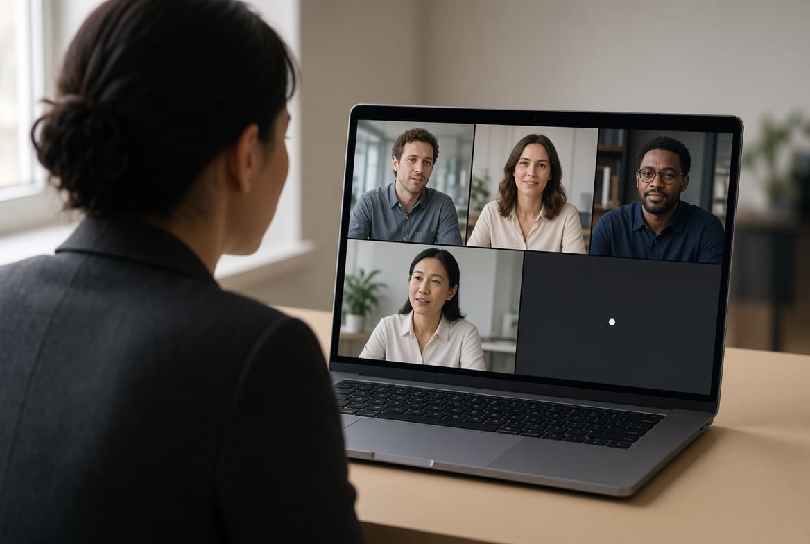 A lawyer on a video call with a client, an AI Employee tile in the meeting grid