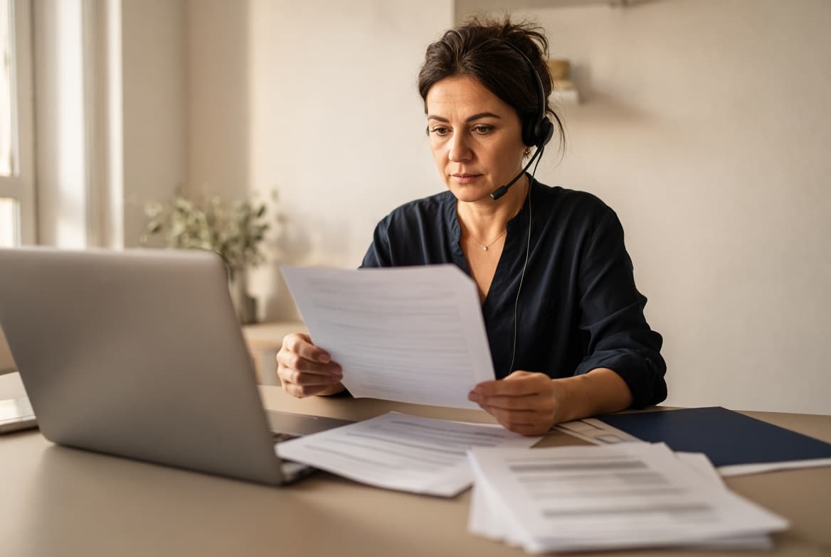 A recruiter with a headset working through candidate notes by hand