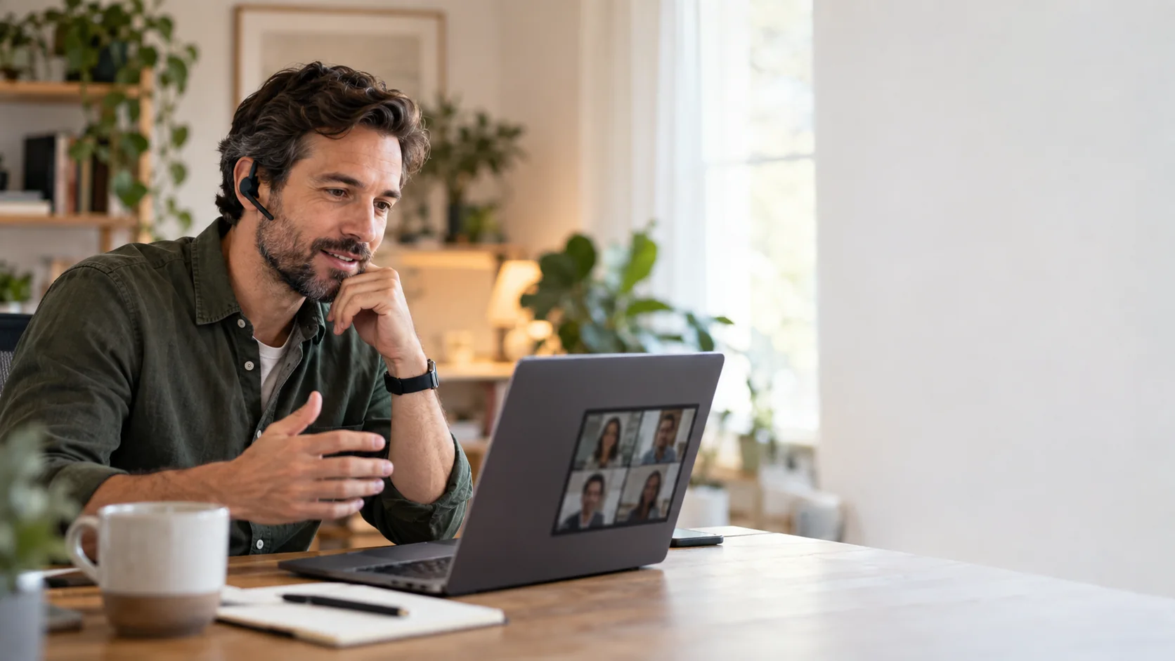 A man on a Zoom call at his desk