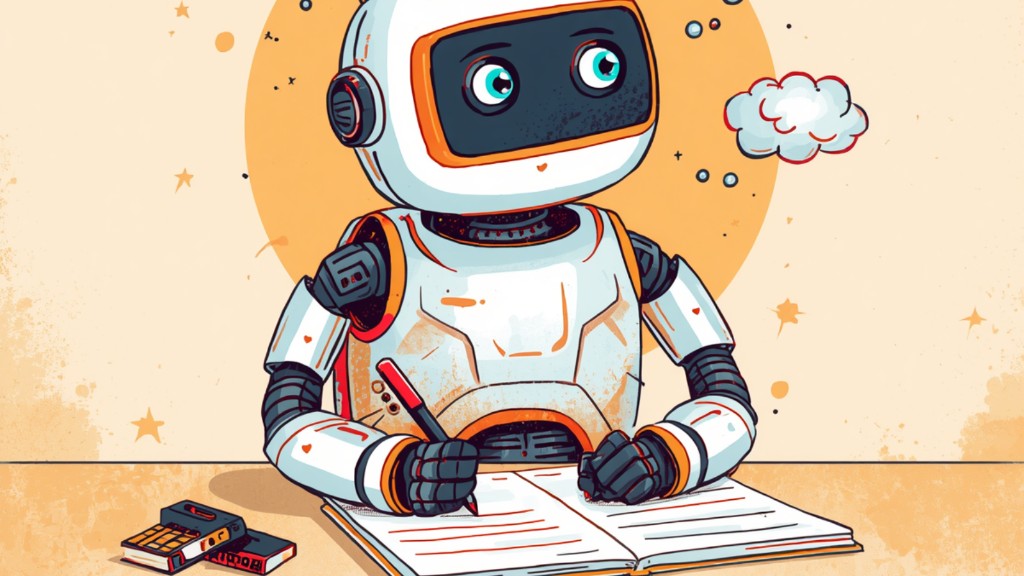 Illustration of a robot writing in a notebook, representing the difference between an AI note-taker that records information and an AI worker that participates in meetings.