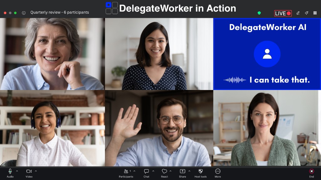 DelegateWorker in Action hero image showing a Zoom-style meeting with five human participants and one DelegateWorker AI tile displayed as a live meeting participant.