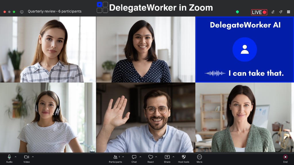 Zoom meeting interface showing DelegateWorker AI joining as a named participant alongside human attendees during a live quarterly review.