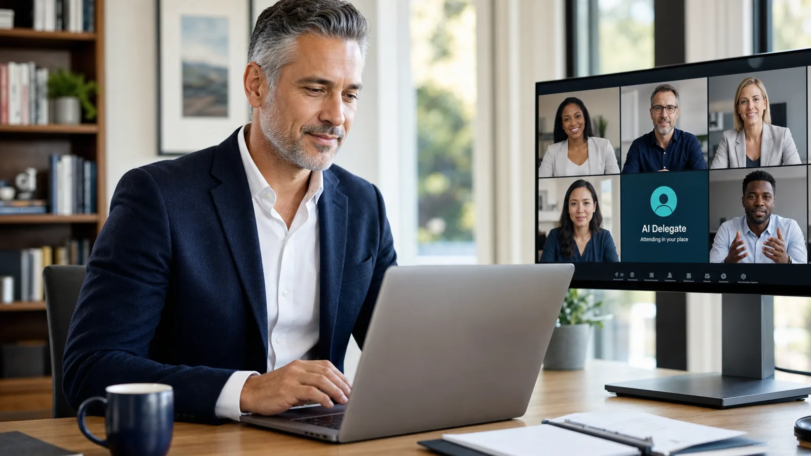 An executive's AI delegate participating in a Zoom leadership meeting while the executive works elsewhere
